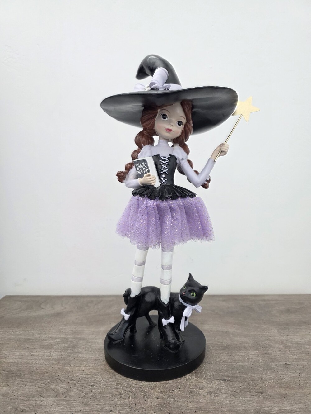 Witch Girl With Black Cat Holding Black Magic Book & Wand Viral New 14in tall